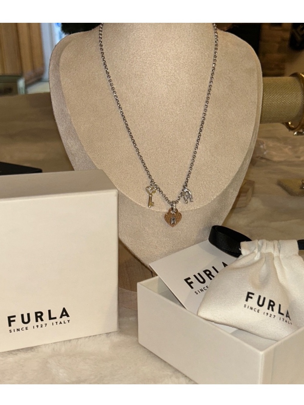 Furla Silver Chain Necklace with Gold Heart and Silver Charms